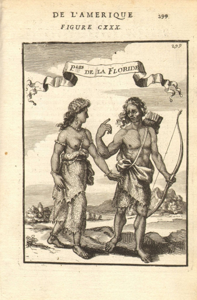 FLORIDA. Native American man & woman. Bow & arrows. MALLET 1683 old print